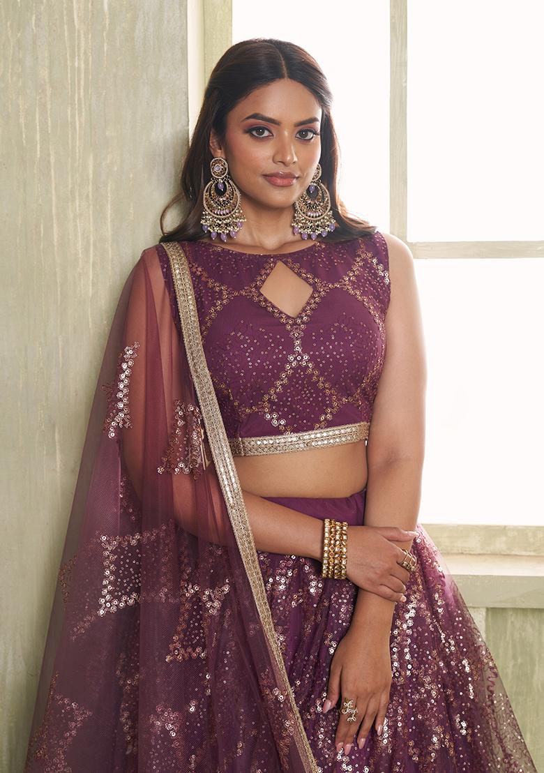 Wine Embroidered Net Lehenga Set - Indya