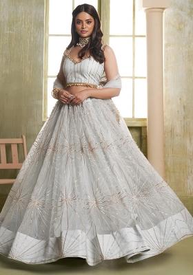 Light Grey Embroidered Net Lehenga Set
