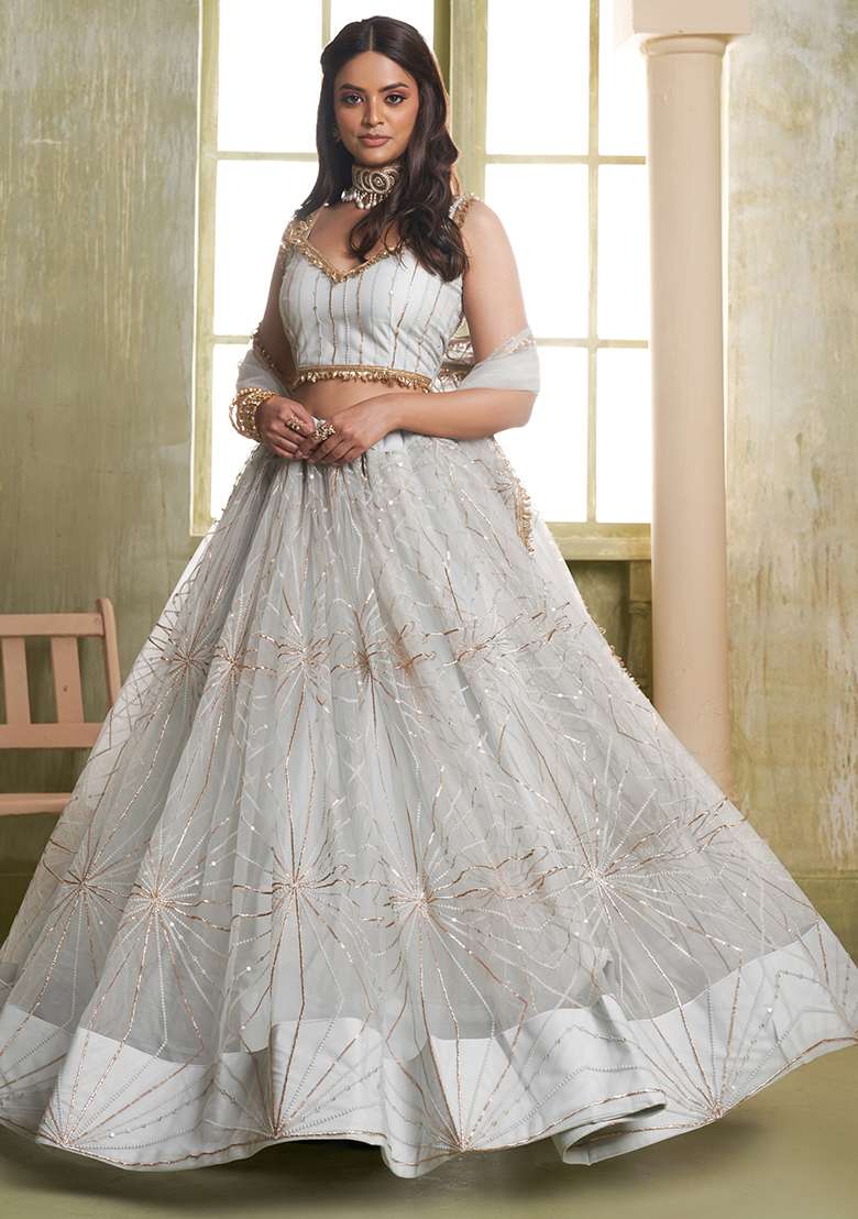 Light Grey Net Lehenga Set with Embroidered for Diwali | Wedding & Festive Wear - Indya
