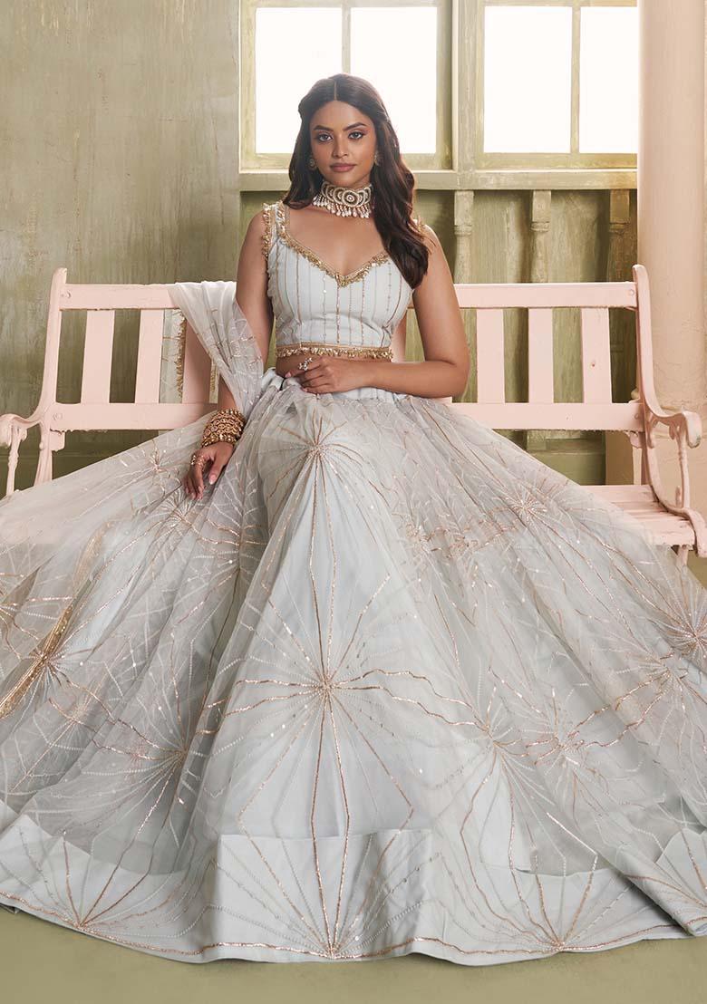 Light Grey Embroidered Net Lehenga Set - Indya
