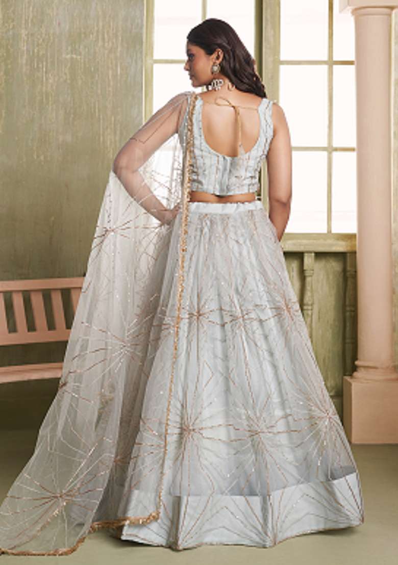 Light Grey Net Lehenga Set with Embroidered for Diwali | Wedding & Festive Wear - Indya