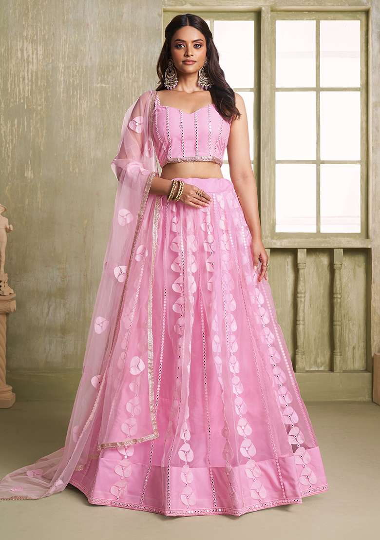 Pink Embroidered Net Lehenga Set for Diwali and Festive Wear - Indya
