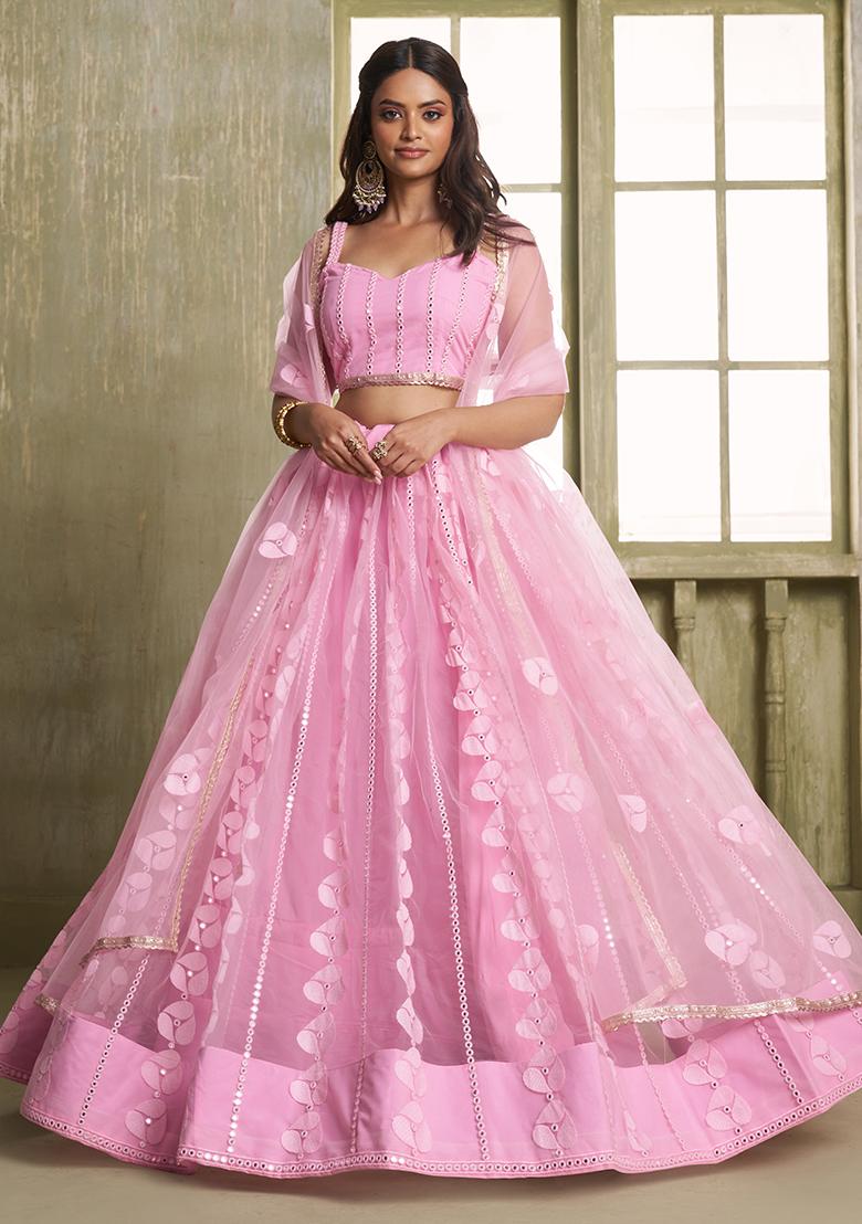Pink Embroidered Net Lehenga Set - Indya