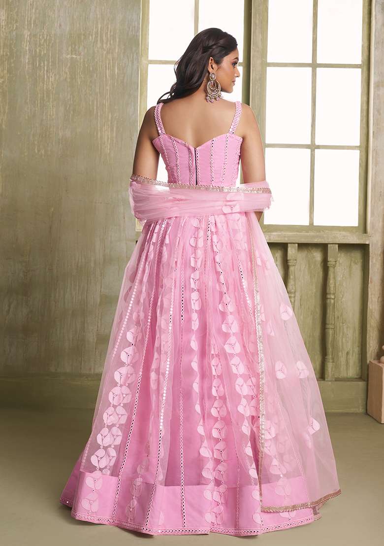 Pink Embroidered Net Lehenga Set for Diwali and Festive Wear - Indya