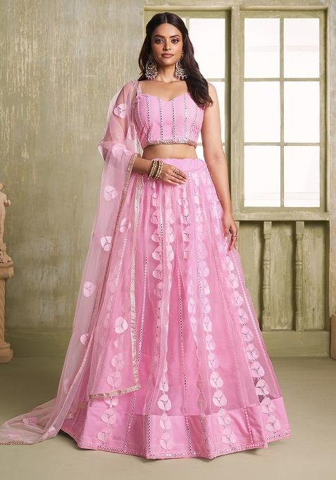 Pink Embroidered Net Lehenga Set
