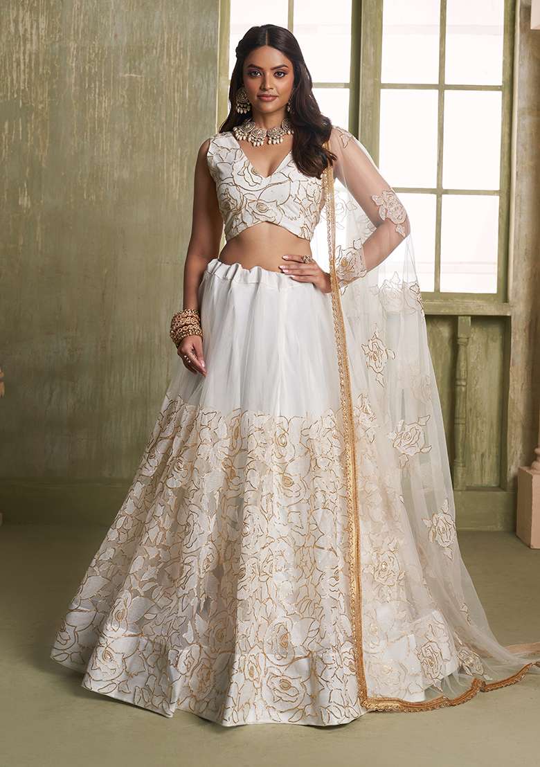 Off White Net Lehenga Set with Embroidered for Diwali | Wedding & Festive Wear - Indya