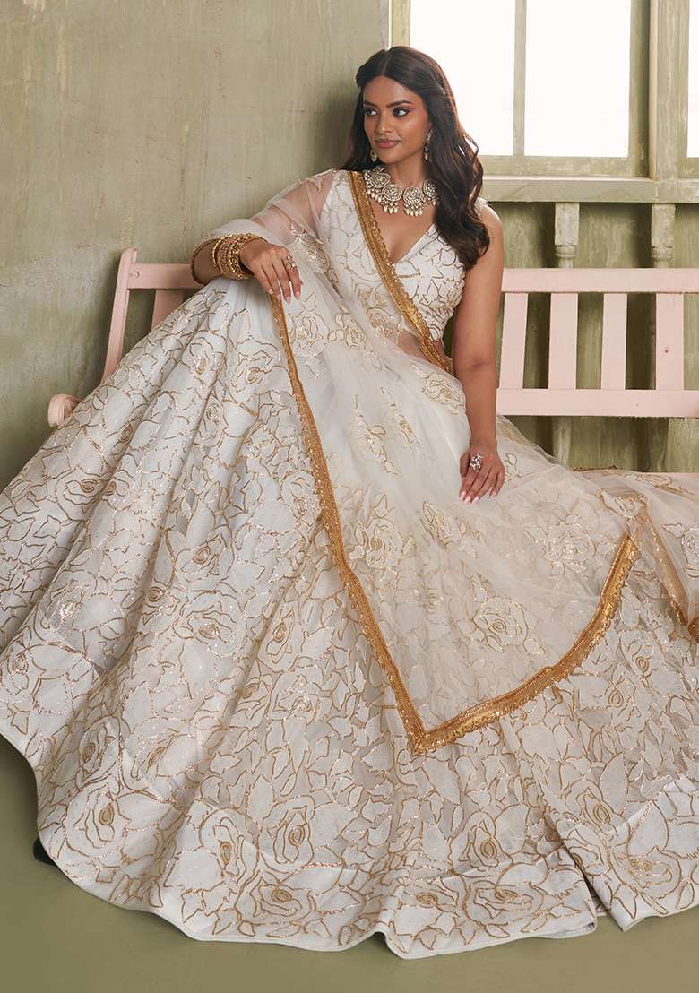 Off White Net Lehenga Set with Embroidered for Diwali | Wedding & Festive Wear - Indya