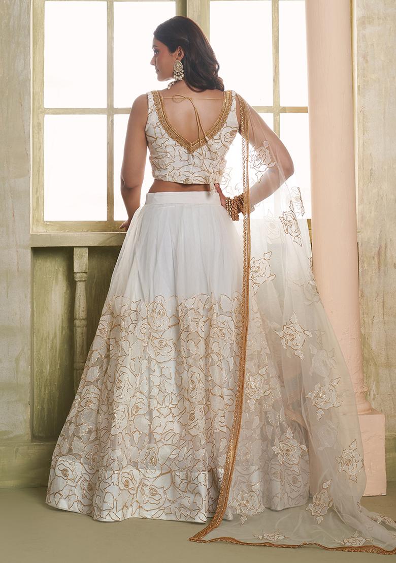 Off White Embroidered Net Lehenga Set - Indya
