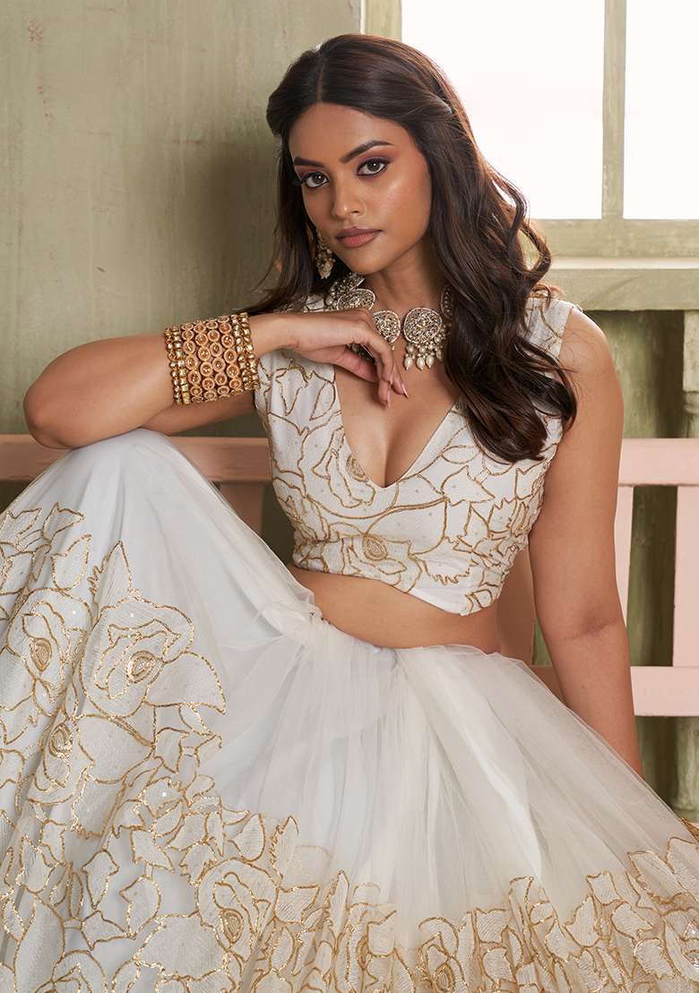 Off White Net Lehenga Set with Embroidered for Diwali | Wedding & Festive Wear - Indya