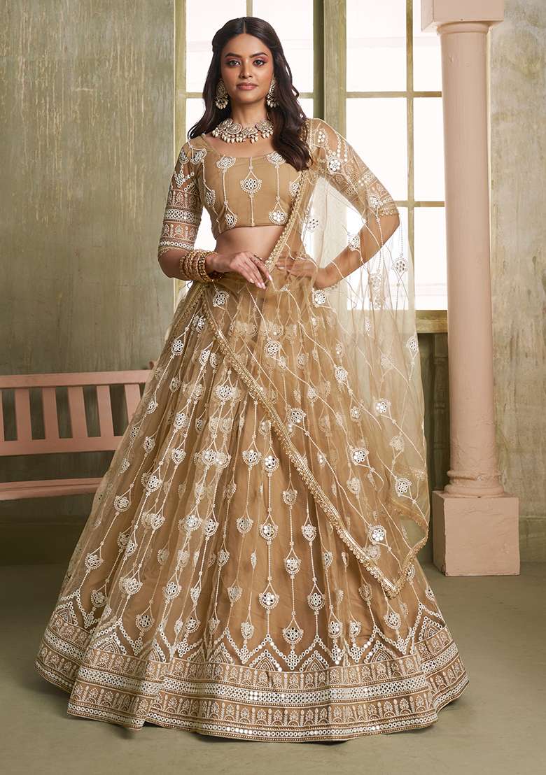 Beige Embroidered Net Lehenga Set for Diwali and Festive Wear - Indya
