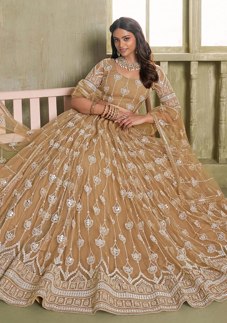 Beige Embroidered Net Lehenga Set - Indya