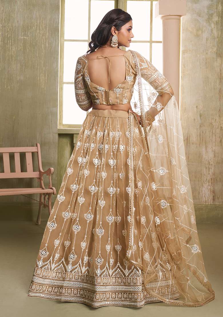 Beige Embroidered Net Lehenga Set for Diwali and Festive Wear - Indya
