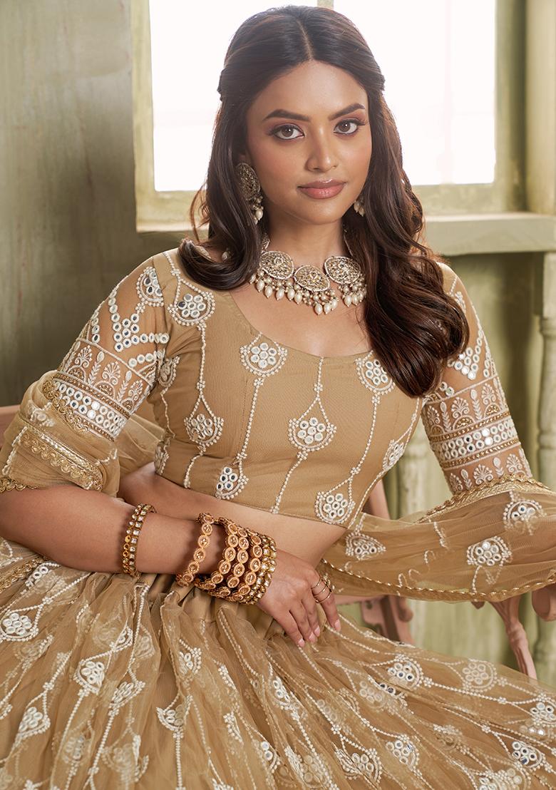 Beige Embroidered Net Lehenga Set - Indya