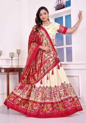 Beige Printed Silk Lehenga Choli