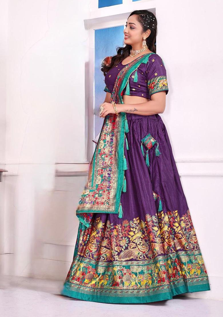 Purple Printed Silk Lehenga Choli - Indya