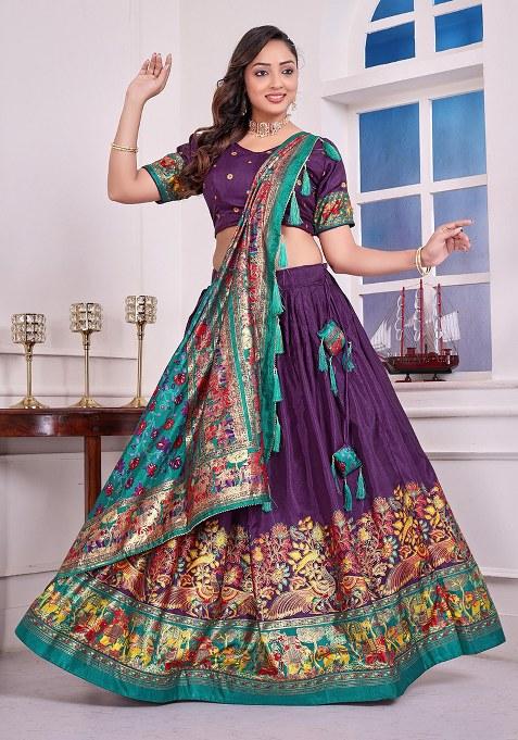 Purple Printed Silk Lehenga Choli