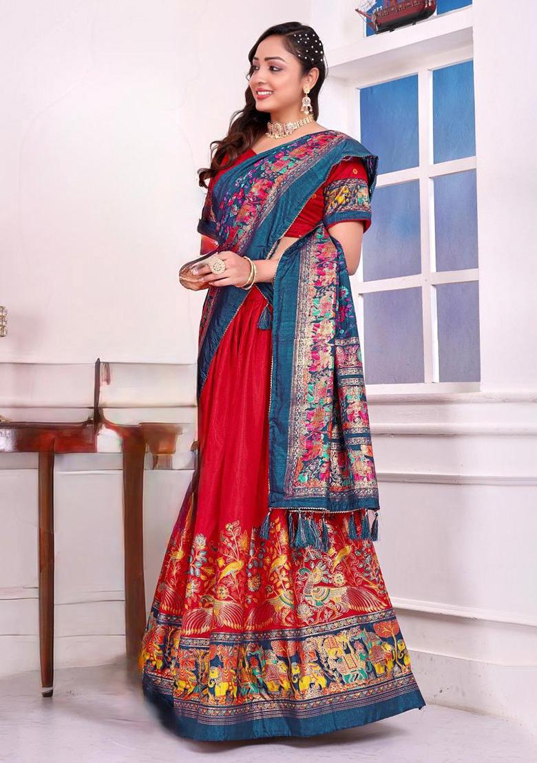 Red Printed Silk Lehenga Choli - Indya