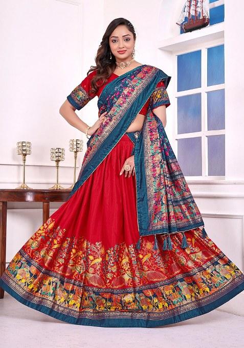 Red Printed Silk Lehenga Choli