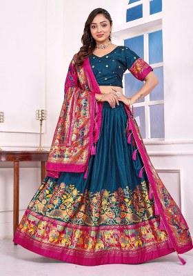 Teal Printed Silk Lehenga Choli