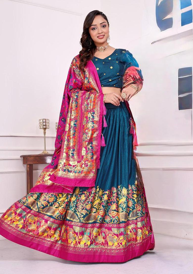Teal Printed Silk Lehenga Choli - Indya