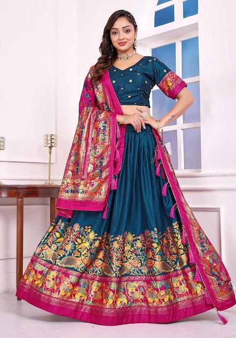 Teal Printed Silk Lehenga Choli