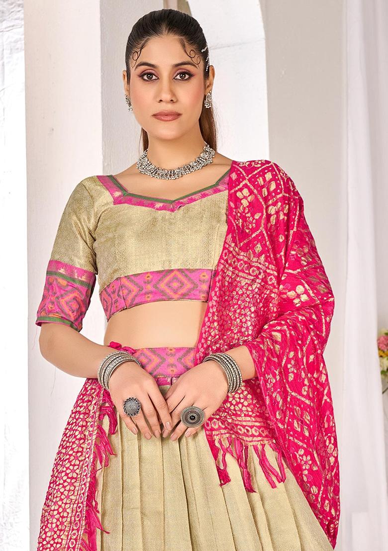 Beige Printed Silk Lehenga Choli - Indya