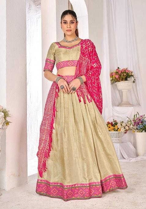 Beige Printed Silk Lehenga Choli