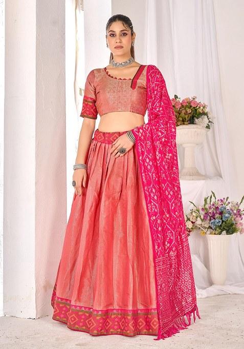 Peach Printed Silk Lehenga Choli