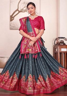 Grey Printed Silk Lehenga Choli