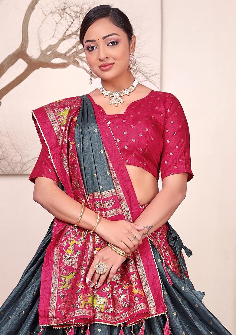 Grey Printed Silk Lehenga Choli - Indya