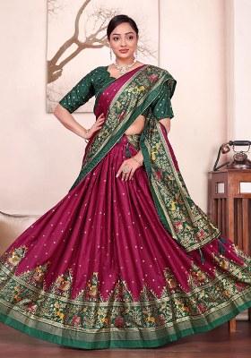 Purple Printed Silk Lehenga Choli