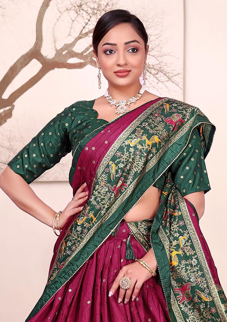 Purple Printed Silk Lehenga Choli - Indya