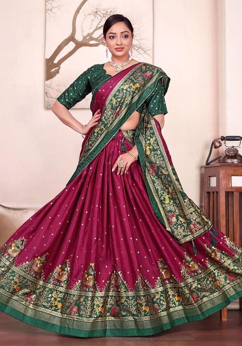 Purple Printed Silk Lehenga Choli