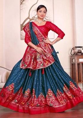 Teal Printed Silk Lehenga Choli