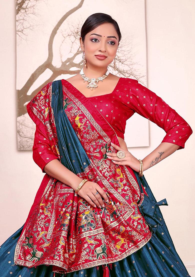 Teal Printed Silk Lehenga Choli - Indya