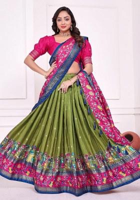 Green Printed Silk Lehenga Choli