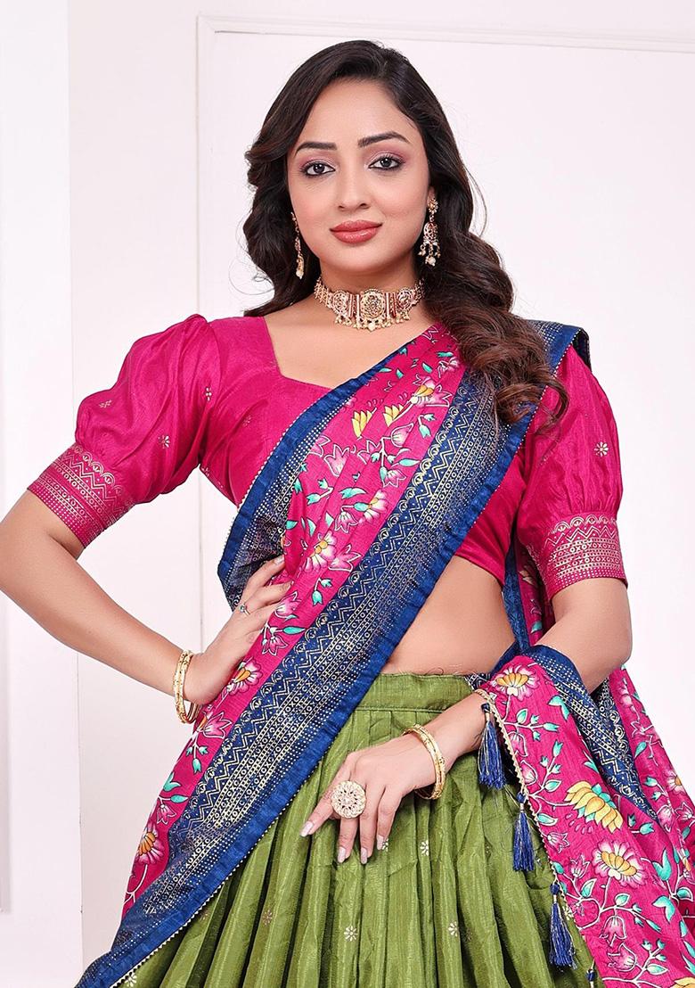 Green Printed Silk Lehenga Choli - Indya