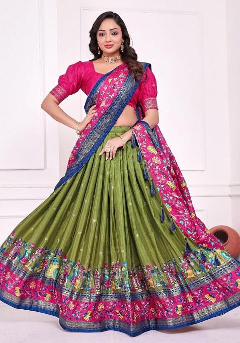 Green Printed Silk Lehenga Choli