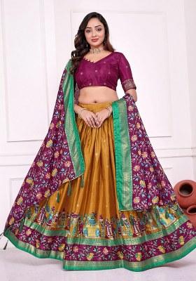 Mustard Printed Silk Lehenga Choli