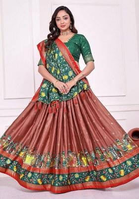 Peach Printed Silk Lehenga Choli