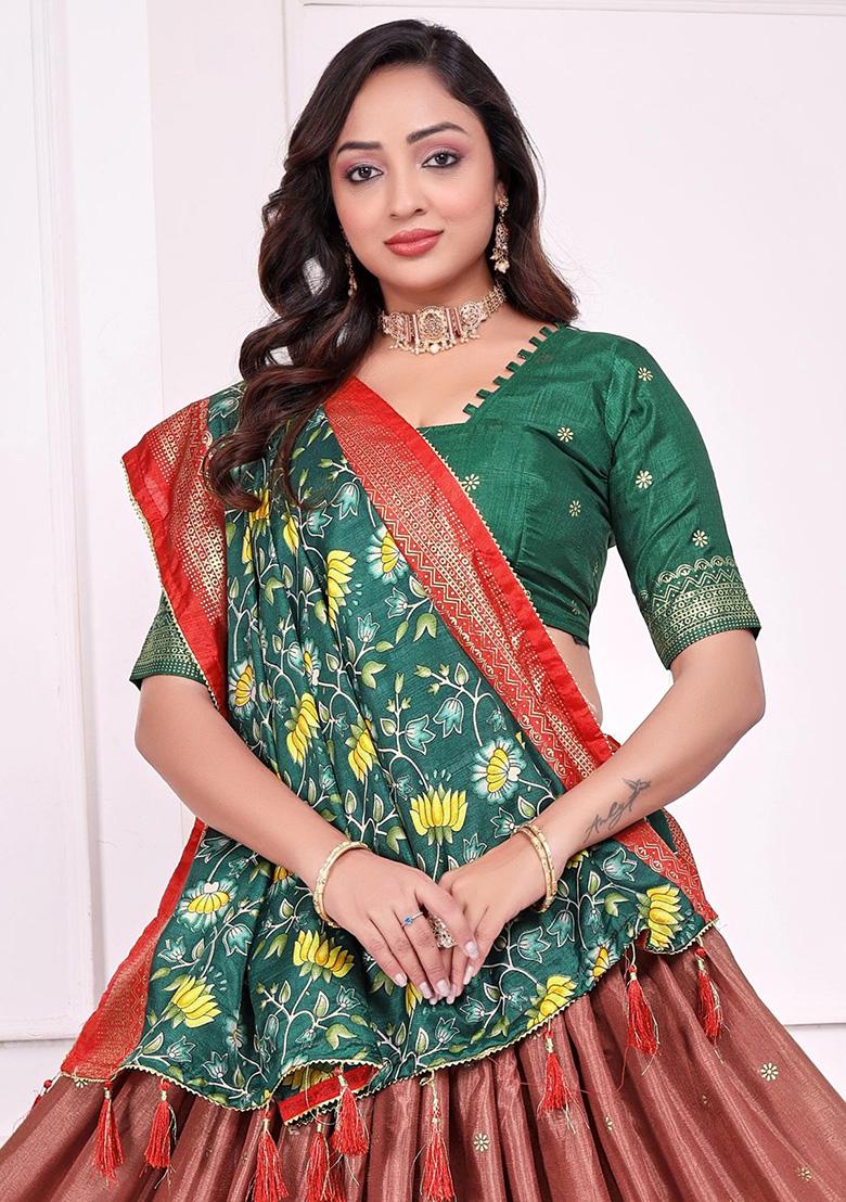 Peach Printed Silk Lehenga Choli - Indya