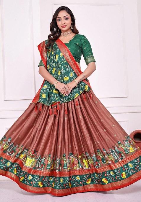 Peach Printed Silk Lehenga Choli
