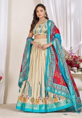 Cream Printed Silk Lehenga Choli