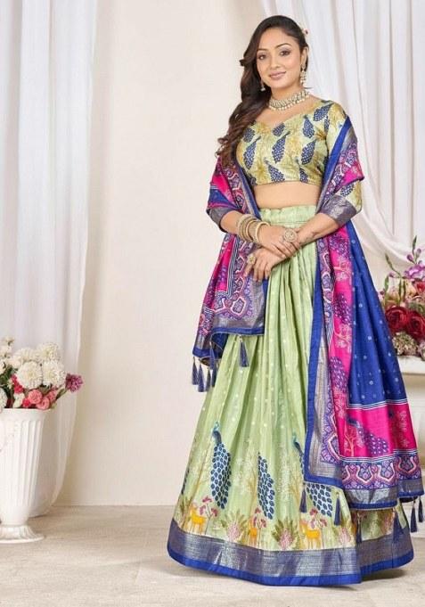Green Printed Silk Lehenga Choli
