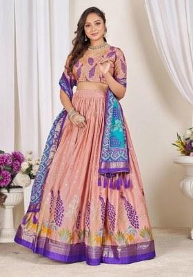 Pink Printed Silk Lehenga Choli