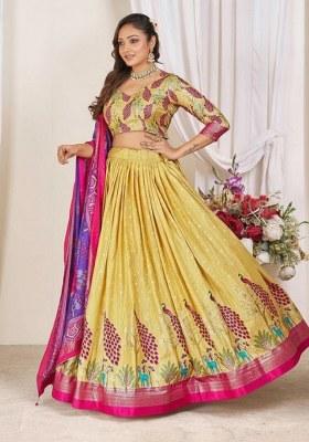 Yellow Printed Silk Lehenga Choli