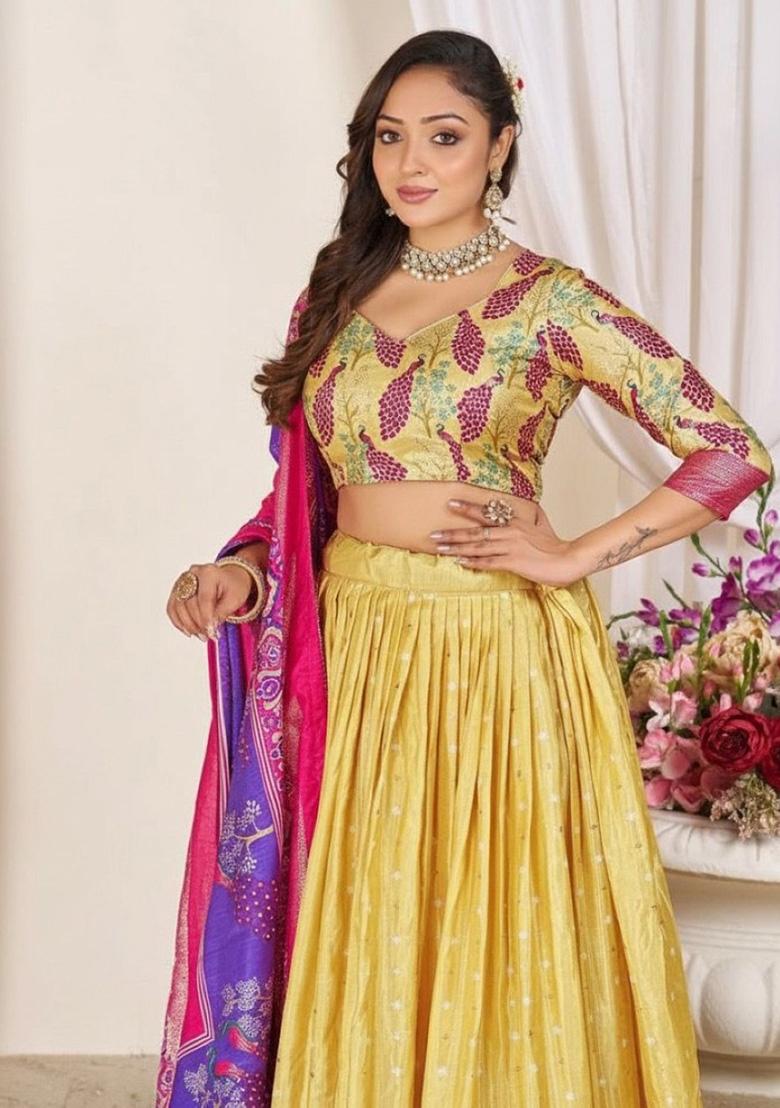 Yellow Printed Silk Lehenga Choli - Indya