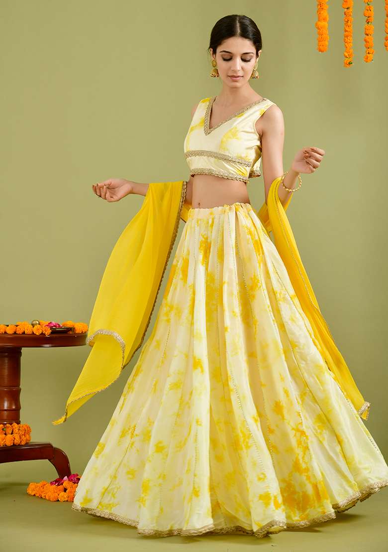 Yellow Tie Dye Muslin Lehenga Set for Diwali and Festive Wear - Indya