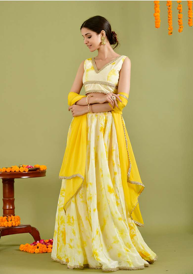 Yellow Tie Dye Muslin Lehenga Set for Diwali and Festive Wear - Indya