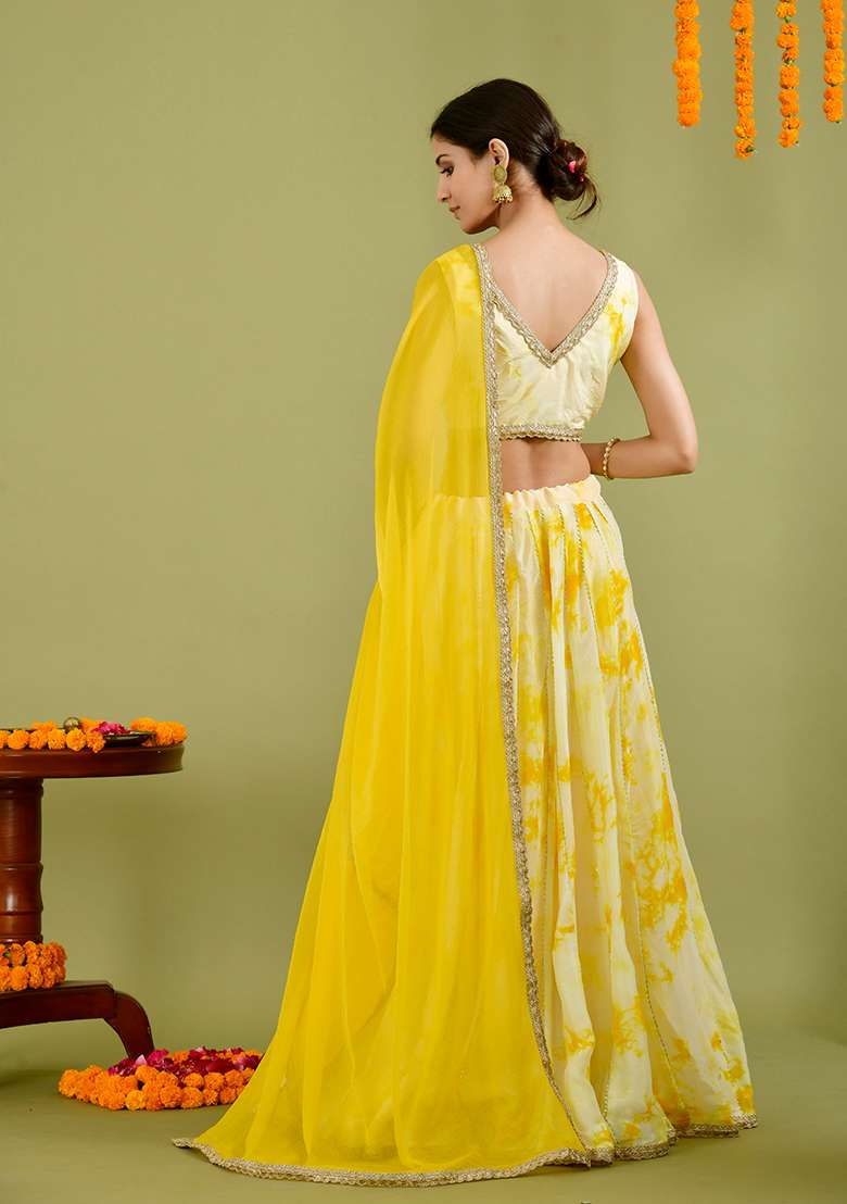 Yellow Tie Dye Muslin Lehenga Set for Diwali and Festive Wear - Indya